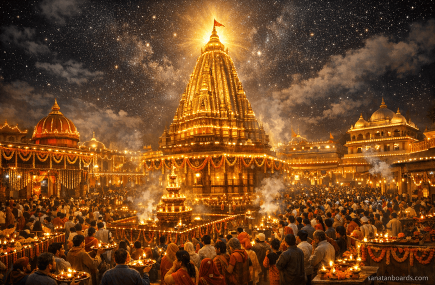 Night view of Mahakaleshwar Jyotirlinga temple decorated with lights during Maha Shivratri in Ujjain.