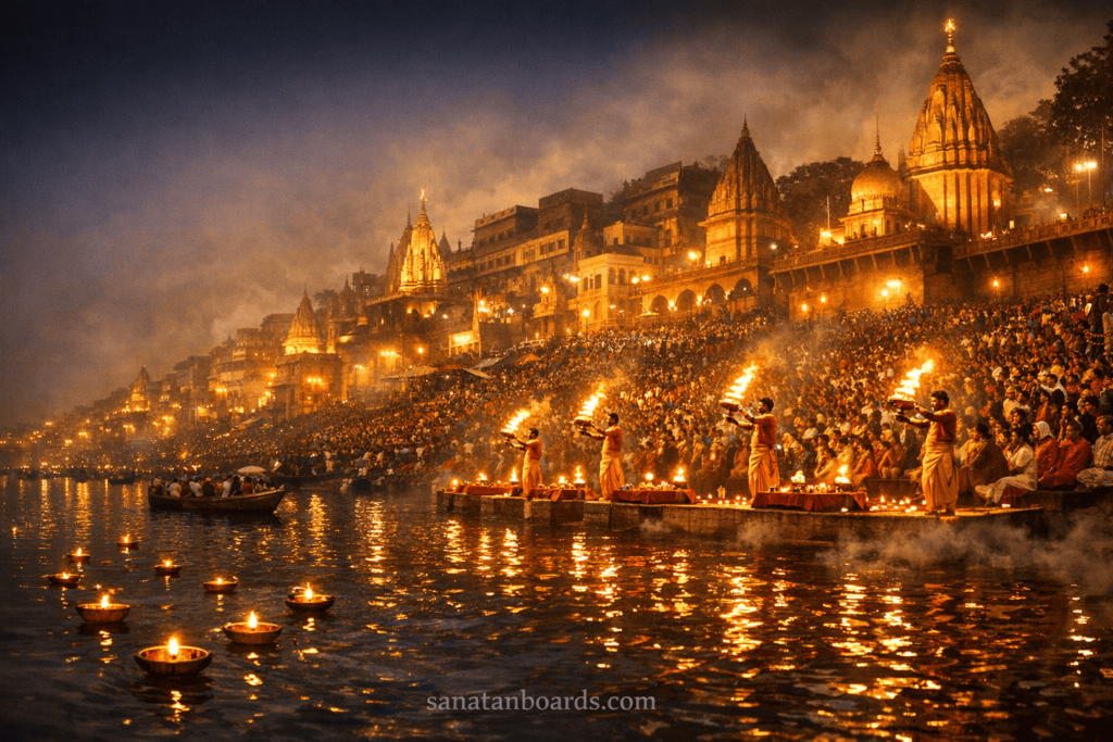 Night view of Varanasi Ganga Aarti with glowing lamps, devotees, priests, and illuminated ghats on the river.