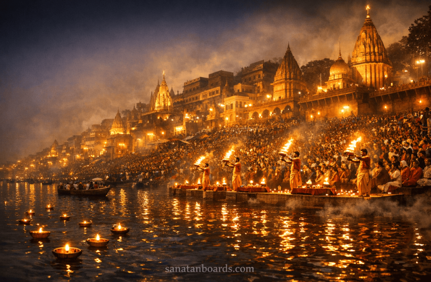Night view of Varanasi Ganga Aarti with glowing lamps, devotees, priests, and illuminated ghats on the river.