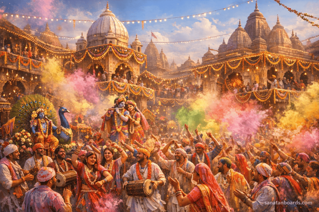 Holi festival celebration in Vrindavan with colorful powders, temples, and joyful devotees.