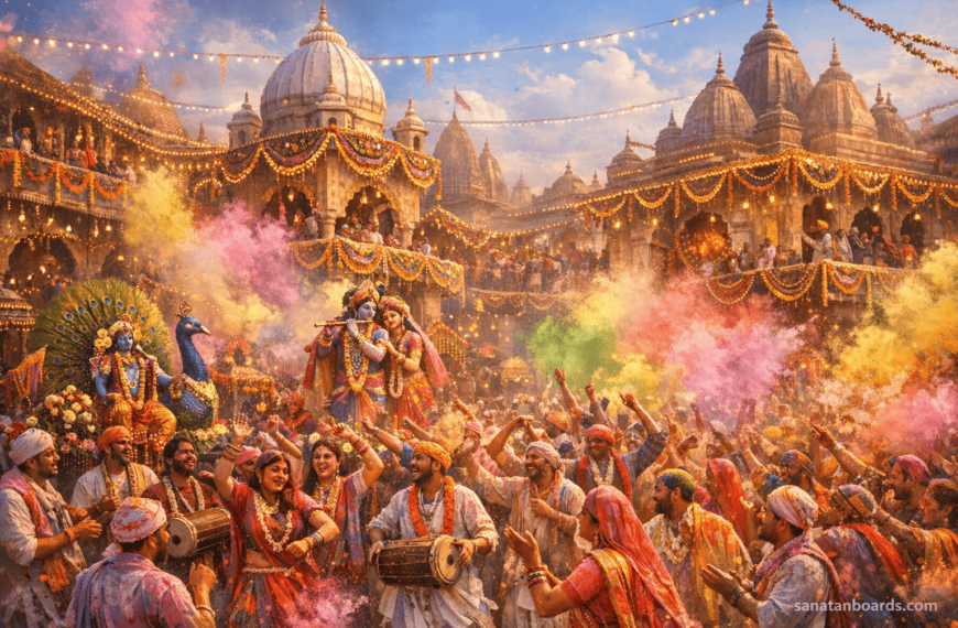 Holi festival celebration in Vrindavan with colorful powders, temples, and joyful devotees.