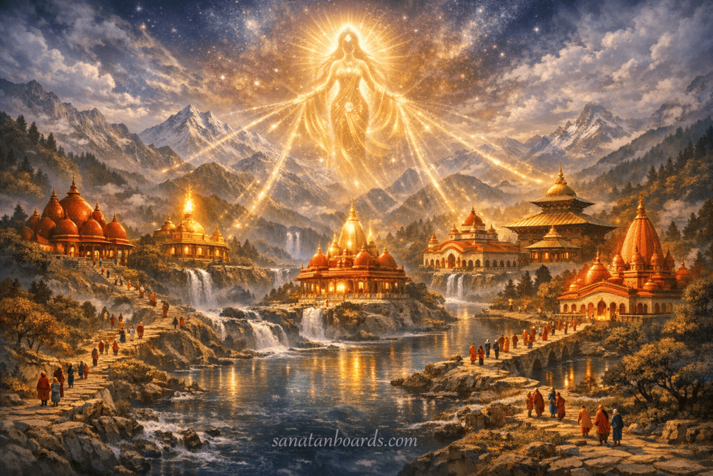 Multiple Shakti Peetha temples connected with divine light across different regions in a spiritual landscape.