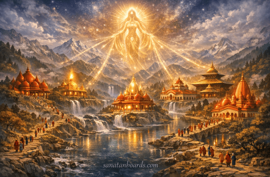 Multiple Shakti Peetha temples connected with divine light across different regions in a spiritual landscape.