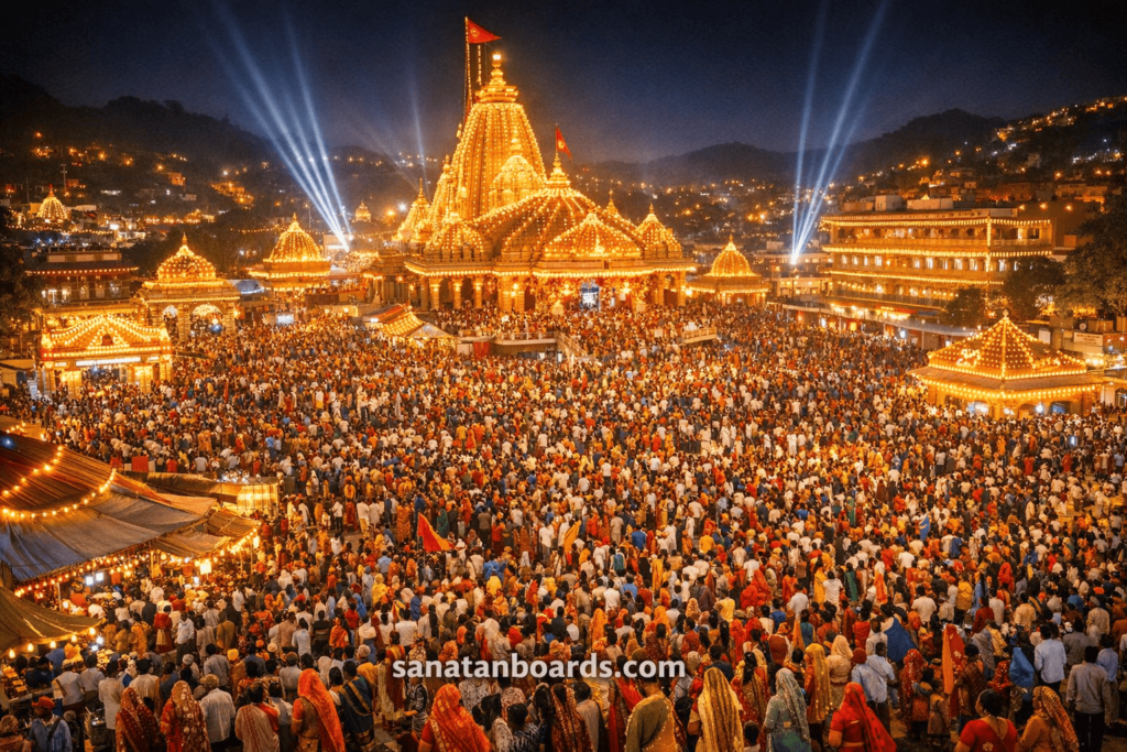 Ambaji Temple Gujarat night festival with lights and large crowd