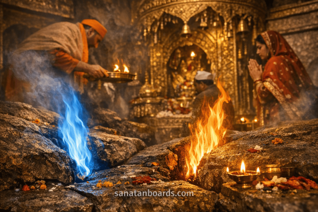 Eternal flames inside Jwalamukhi Temple being worshipped by devotees in Himachal Pradesh.
