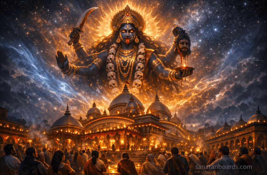 Spiritual artistic view of Goddess Kali above Kalighat Kali Temple with glowing divine energy and devotees below.