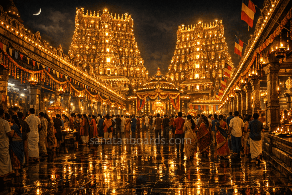 Meenakshi Temple glowing at night with festival lights and crowd in landscape view.