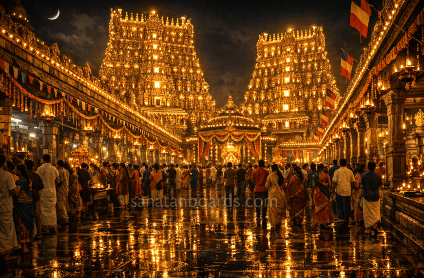 Meenakshi Temple glowing at night with festival lights and crowd in landscape view.