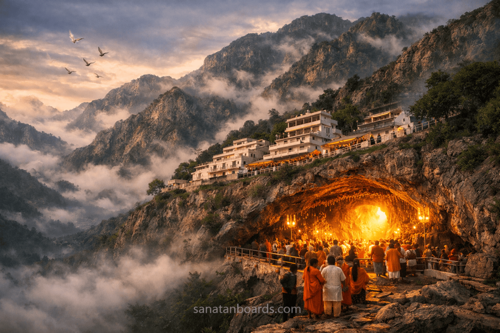 Holy cave shrine of Vaishno Devi glowing in mountains with devotees praying.