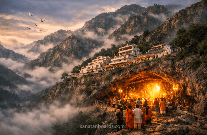 Holy cave shrine of Vaishno Devi glowing in mountains with devotees praying.