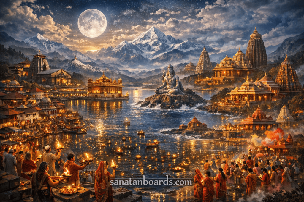 Wide aerial artistic view showing multiple Hindu pilgrimage sites including temples, ghats, and sacred landscapes.