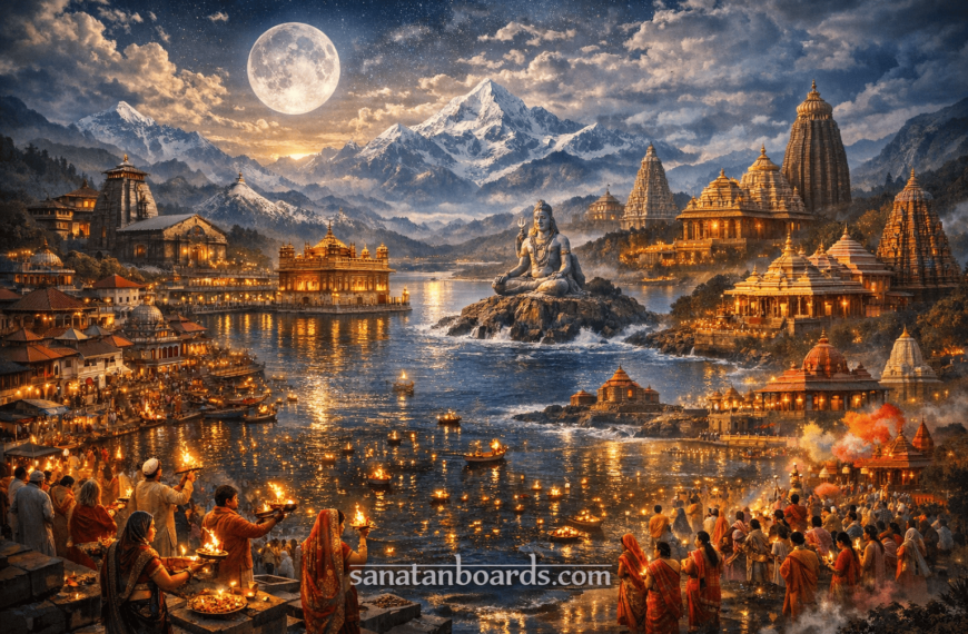 Wide aerial artistic view showing multiple Hindu pilgrimage sites including temples, ghats, and sacred landscapes.