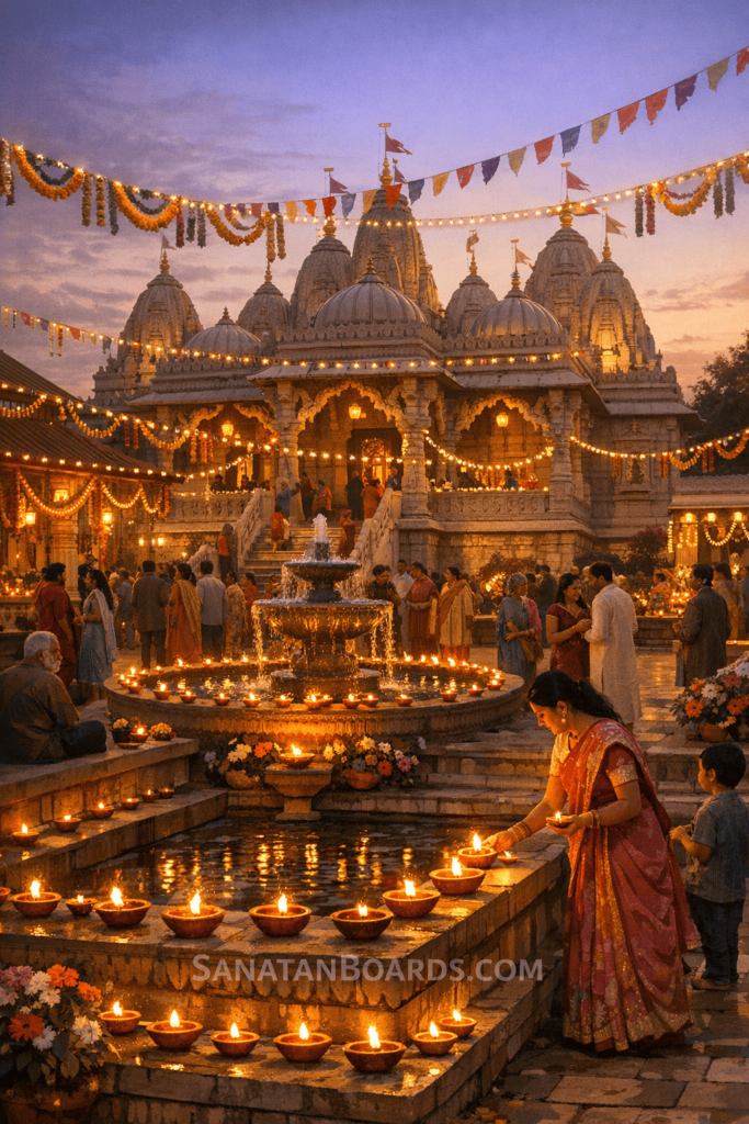 Temple courtyard during festival with lights and decorations in Leicester