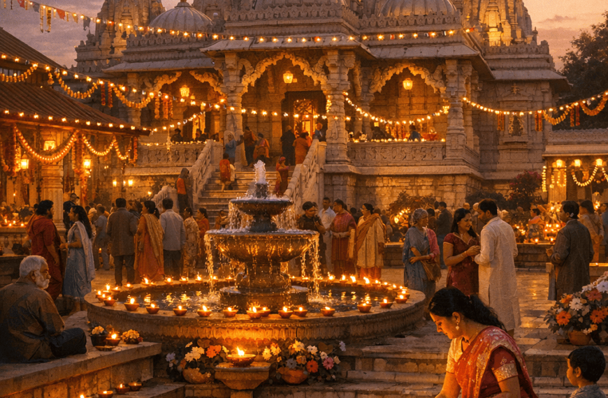Temple courtyard during festival with lights and decorations in Leicester