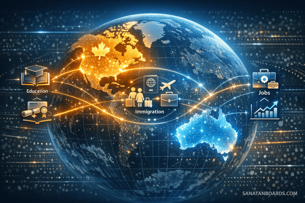 Digital world map highlighting Australia and Canada connections