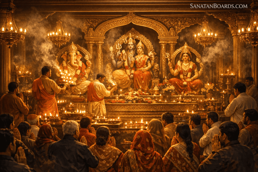 Interior temple scene with aarti ceremony and devotees praying.