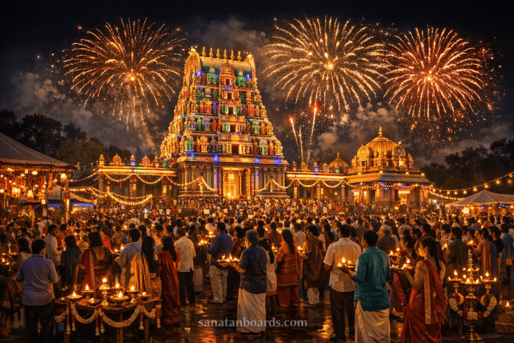 Night festival celebration at Sri Venkateswara Temple Sydney with lights and crowd.