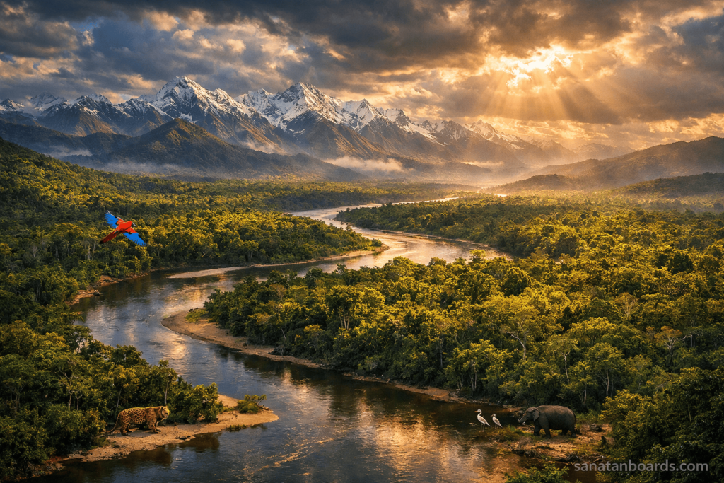 Amazon rainforest with mountains and river in South America.