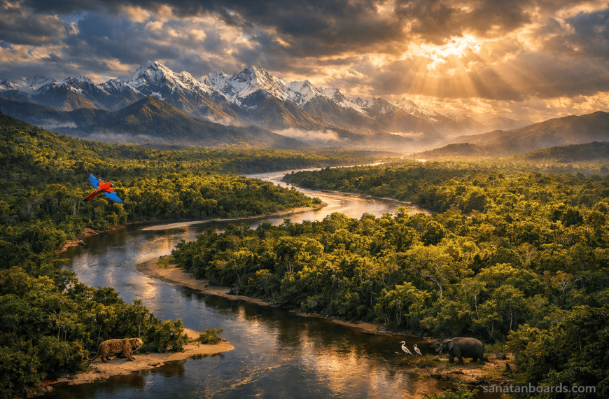 Amazon rainforest with mountains and river in South America.