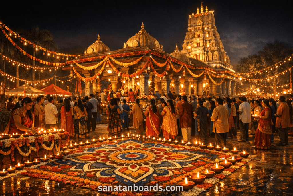 Hindu temple in Guyana decorated for a night festival with lights and devotees.