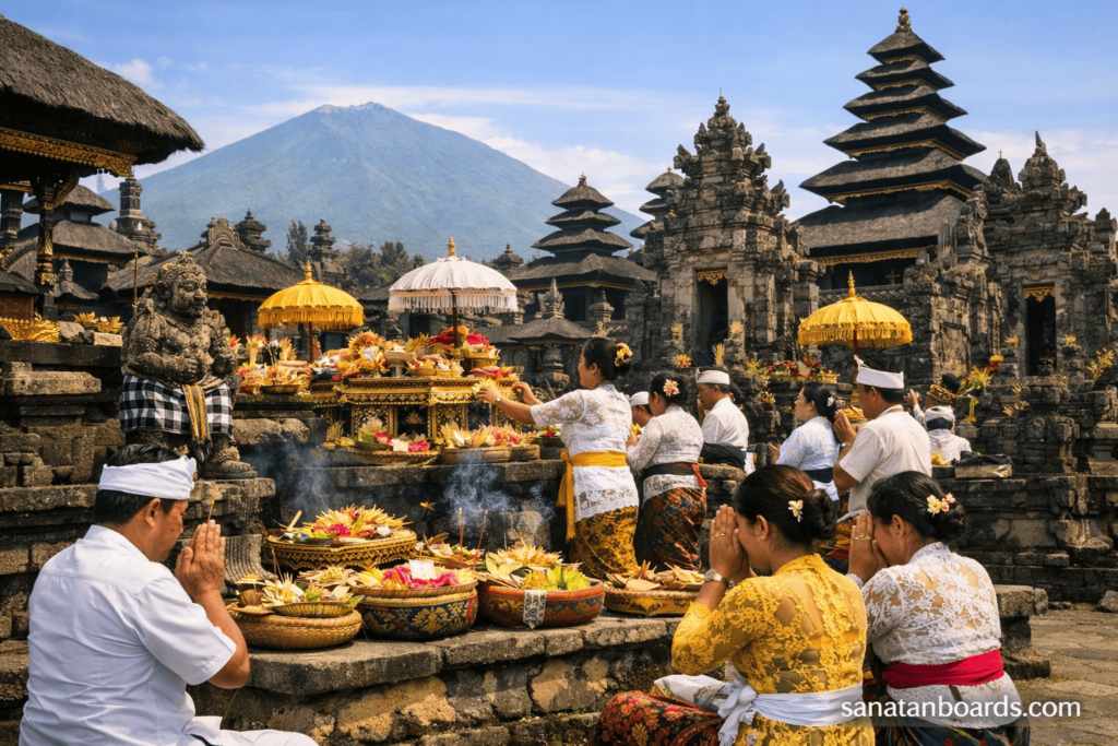 Balinese devotees performing rituals at Besakih Temple