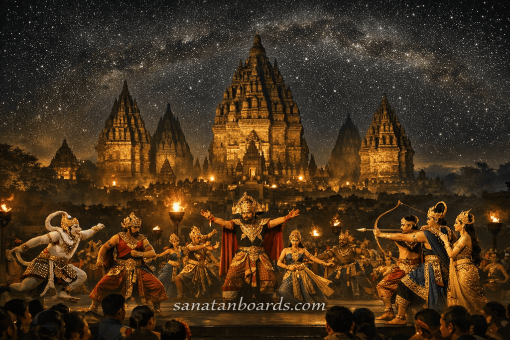 Night view of Prambanan Temple with cultural dance performance