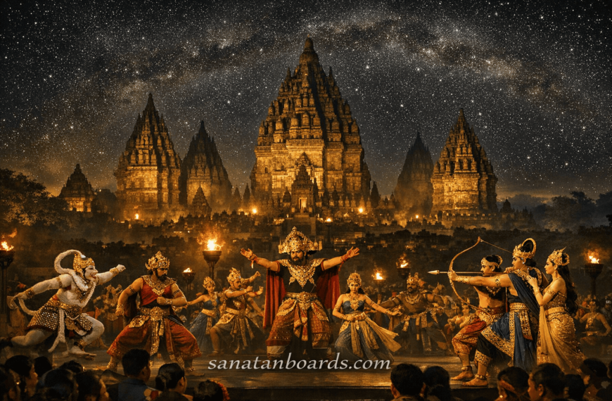 Night view of Prambanan Temple with cultural dance performance