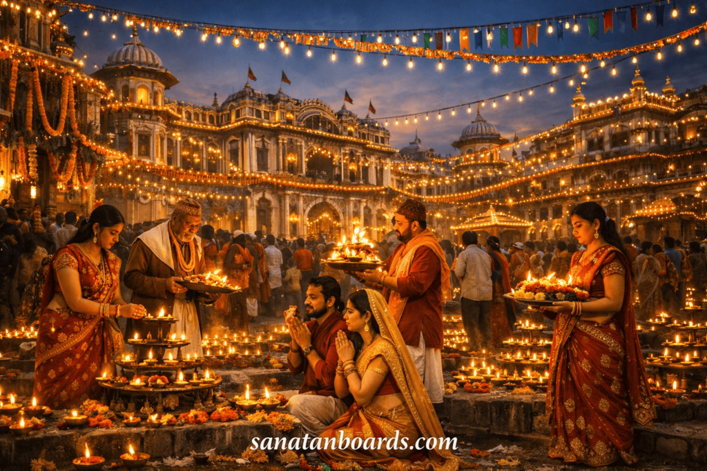 Colorful Hindu festival celebration in Nepal with traditional attire and lights