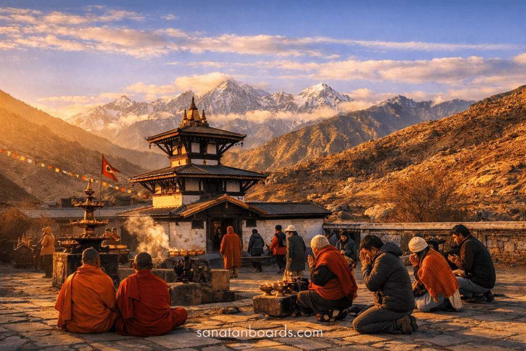 Sunrise at Muktinath Temple with devotees and monks praying