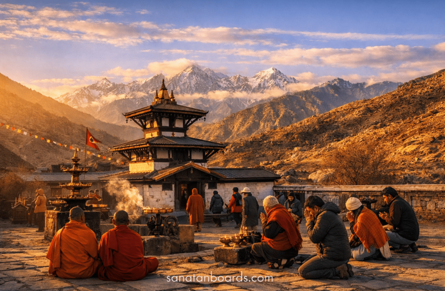 Sunrise at Muktinath Temple with devotees and monks praying