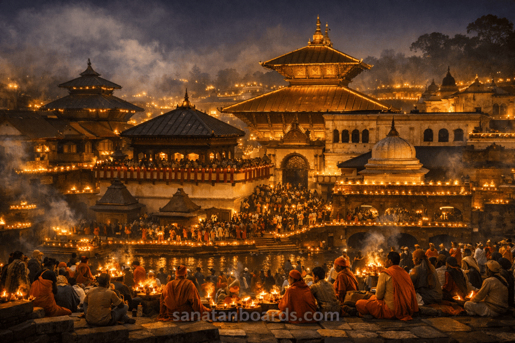 Pashupatinath Temple lit with lamps during Maha Shivaratri festival at night