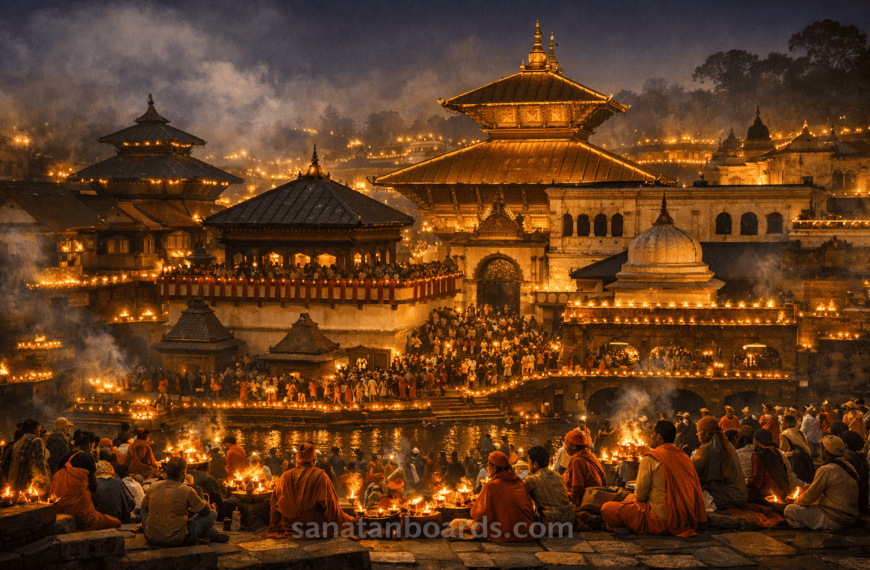 Pashupatinath Temple lit with lamps during Maha Shivaratri festival at night