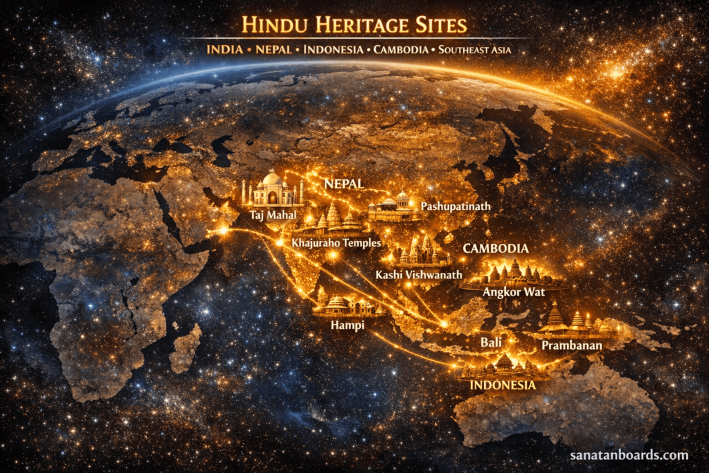 World map showing global Hindu heritage sites connected across countries.