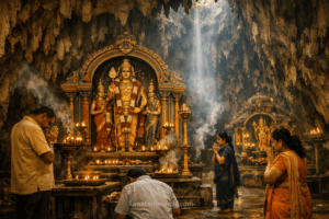 Devotees praying inside decorated cave temple at Batu Caves.