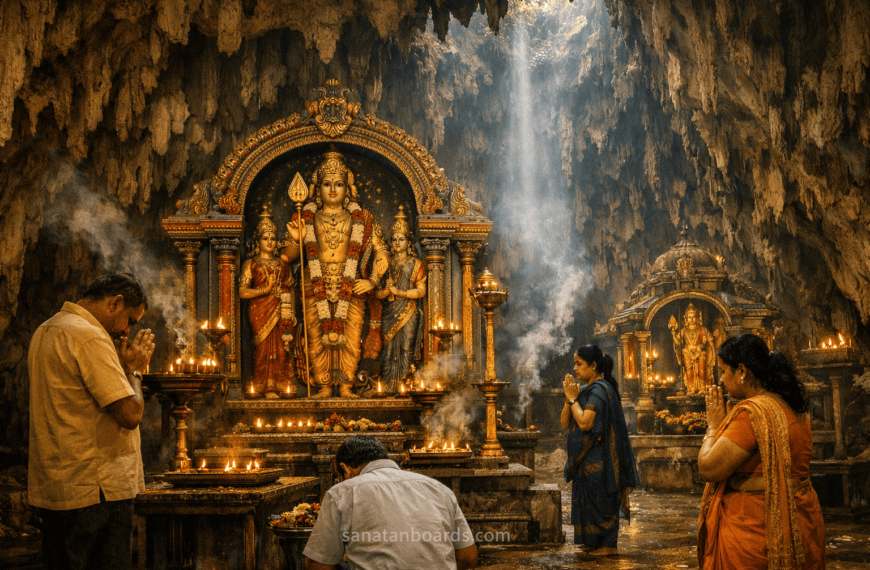 Devotees praying inside decorated cave temple at Batu Caves.
