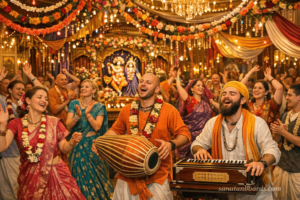 Devotees celebrating festival at Krishna temple in Russia.