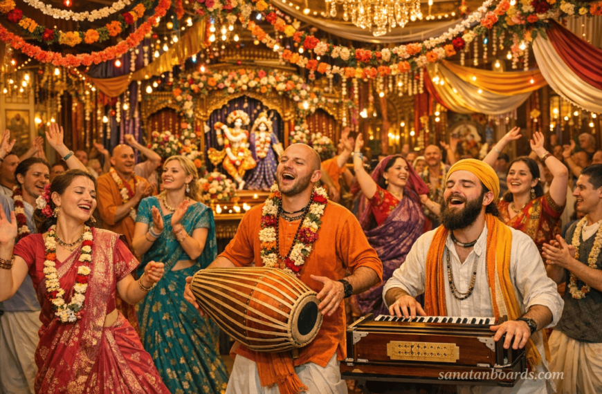 Devotees celebrating festival at Krishna temple in Russia.