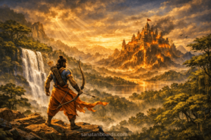 Lord Rama facing Ravana’s Lanka with waterfall and forest scenery.