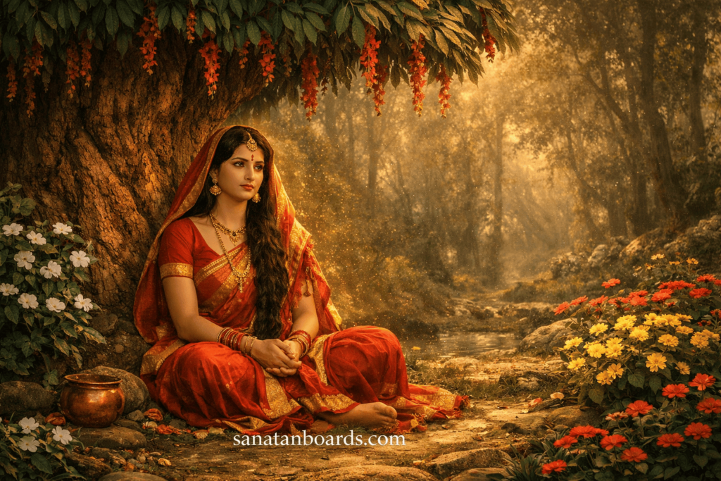 Sita sitting under Ashoka tree in Ashok Vatika.