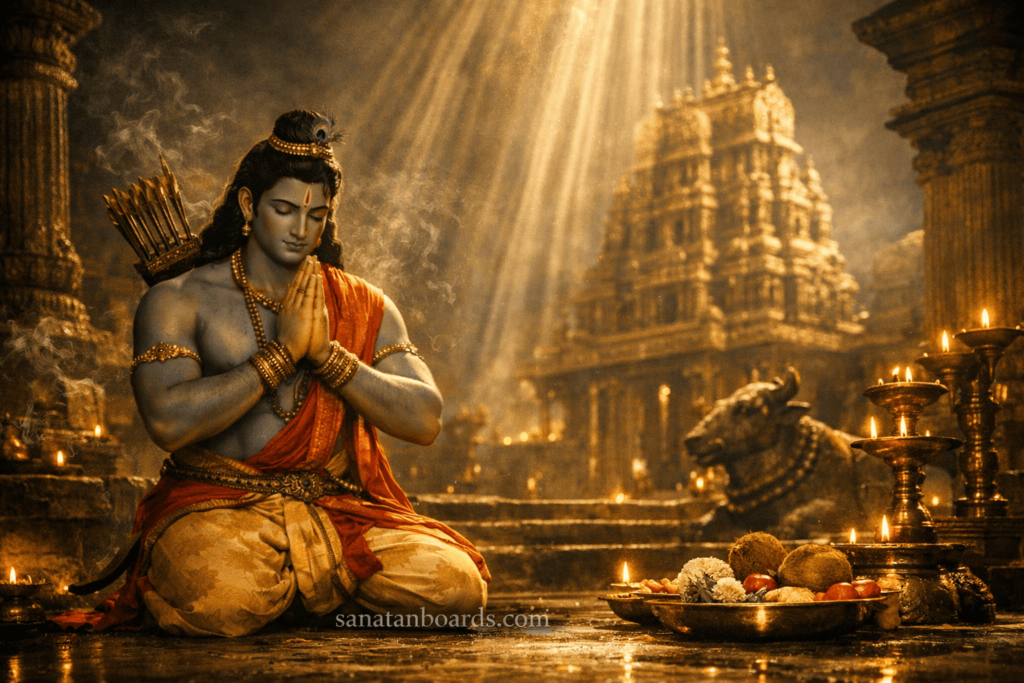 Rama praying at Munneswaram Temple in a mythological scene.