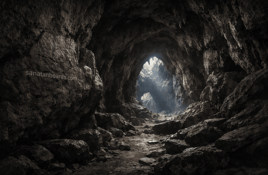 Interior of Ravana Caves with dim light and rocky walls