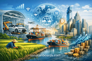 Thailand’s economy showing industry, trade, manufacturing, and agriculture.