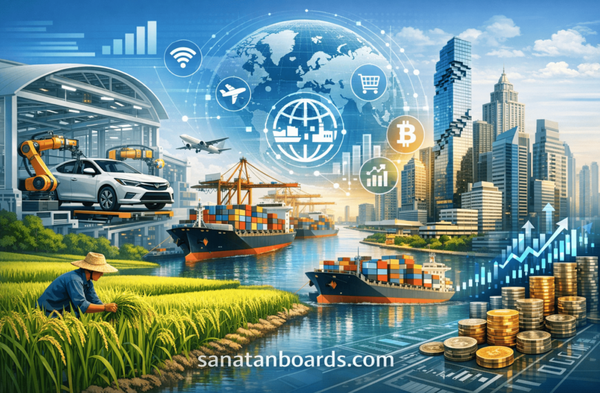 Thailand’s economy showing industry, trade, manufacturing, and agriculture.