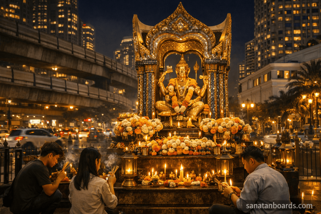 Night view of Erawan Shrine glowing with lights and devotees praying.