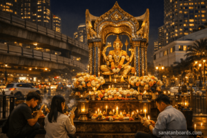 Night view of Erawan Shrine glowing with lights and devotees praying.