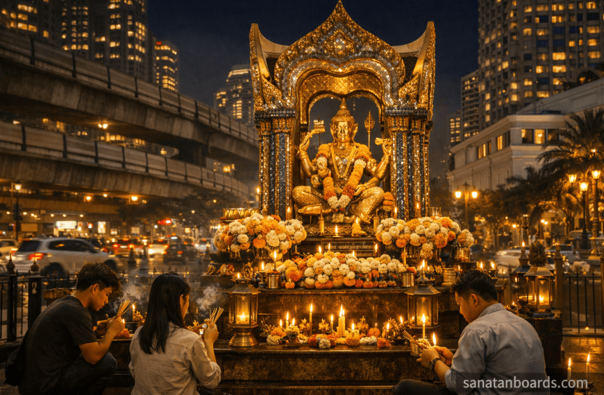 Night view of Erawan Shrine glowing with lights and devotees praying.