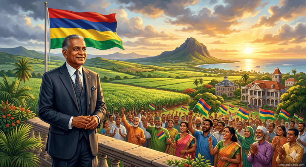 Seewoosagur Ramgoolam with Mauritian flag and diverse community symbolizing unity and independence.