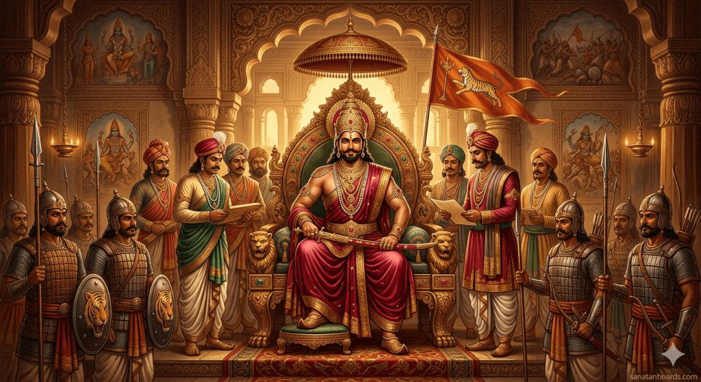 “Rajadhiraj Chola I seated on a throne with Chola soldiers and ministers, Chola flag in the background, watermark sanatanboards.com.”