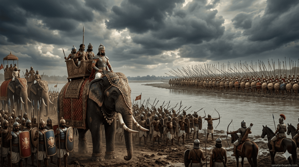 King Puru on a war elephant facing Alexander’s army on an ancient battlefield