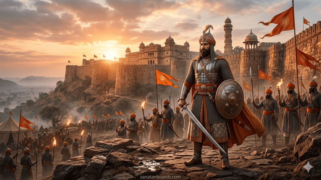 Bappa Rawal standing in front of Chittorgarh Fort in Rajput warrior attire